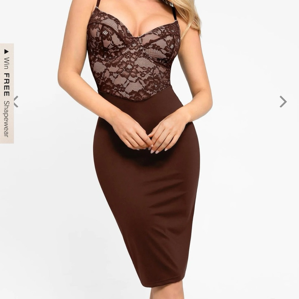 POPILUSH Shapewear Sculpting Lace Corset Midi Slip Dress